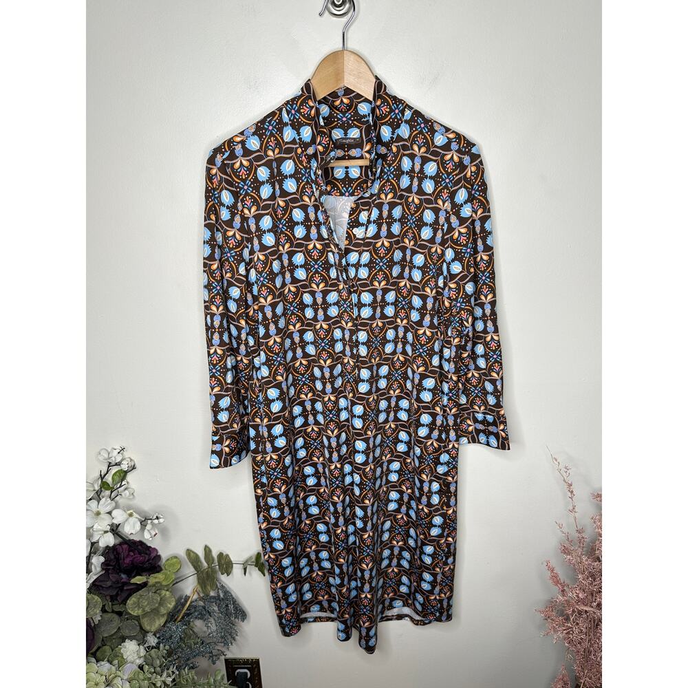 J. Mclaughlin Berlin Dress Atlas Tile Blue Brown Catalina Cloth Sz M $238 {Bb39} View 2